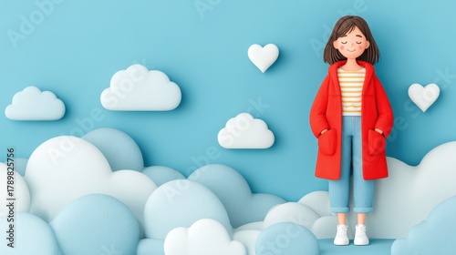 Charming female character illustration featuring a girl in a red coat and striped shirt amidst playful clouds and hearts, capturing happiness, innocence