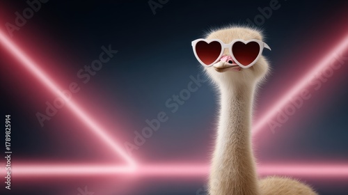 Vibrant wildlife scene featuring an exotic ostrich with striking feathers and playful heart-shaped sunglasses in natural habitat, perfect for nature lovers and animal enthusiasts