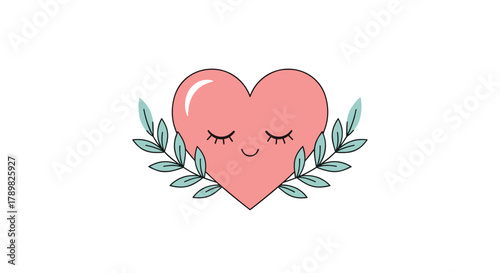 Adorable pink heart character with peaceful closed eyes and a gentle smile, framed by delicate green leaves on a white background.