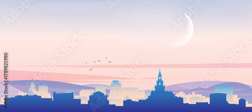 Panoramic poster of the city skyline with misty background buildings, hills sunrise, sunset and clouds of HAMBURG, GERMANY