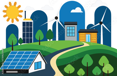 Sustainable city landscape with renewable energy sources and green spaces