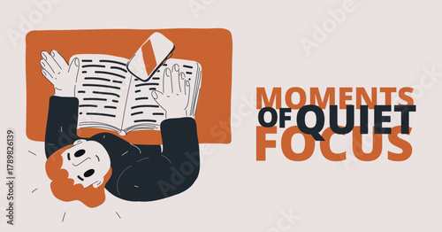 Cartoon vector illustration of a woman sitting at a desk reading a book, top view, looking up at you, symbolizing study and focus