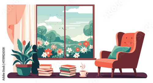 A cozy room interior featuring a large window with a scenic view of a vibrant spring garden, perfect for relaxation and reading.