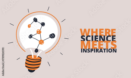 Cartoon vector illustration of a light bulb with a molecule inside, symbolizing scientific innovation and creative thinking