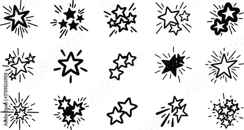 HandDrawn Star Burst Icon Set, Decorative Elements, Festive Symbols, on Transparent Background