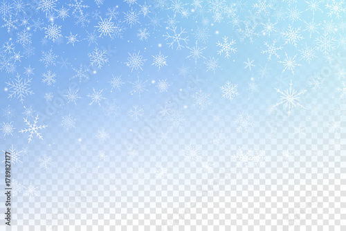 Winter vector background with falling snowflakes. Icy sky with light transparent effect. Frosty Christmas holiday blue magic backdrop.
