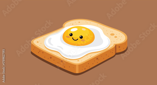 Cute and happy fried egg with a smiling face on a slice of golden-brown toast, perfect for a cheerful breakfast illustration.