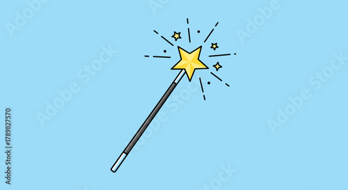 A simple, cute illustration of a black magic wand with a bright yellow star on its tip, sparkling with magical light on a light blue background.