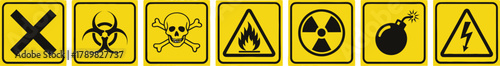 Hazardous Material Warning Signs on Yellow, Danger, Risk, Caution Symbols