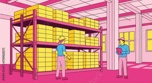 Warehouse workers checking inventory on shelves in modern factory