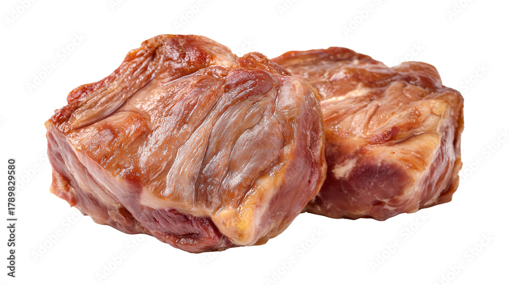 Fototapeta premium Succulent Pork Cuts Savor the rich, savory appeal of meticulously prepared pork cuts. Experience the taste and texture of quality, perfect for various culinary uses.