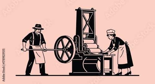 Vintage printing press operation with workers in retro style graphic