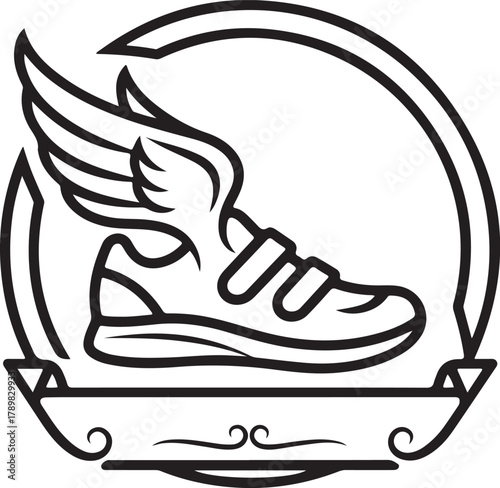 Minimal vector illustration of winged running shoe inside circle, speed and freedom concept