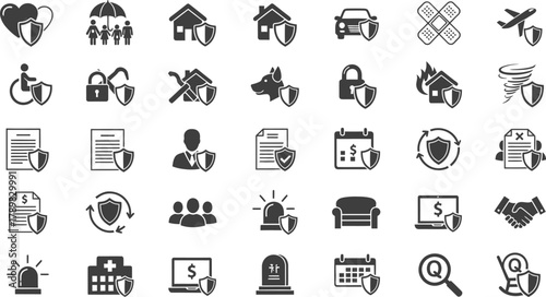 Insurance Protection Icon Set Safety Shield Symbols for Life, Health, and Property