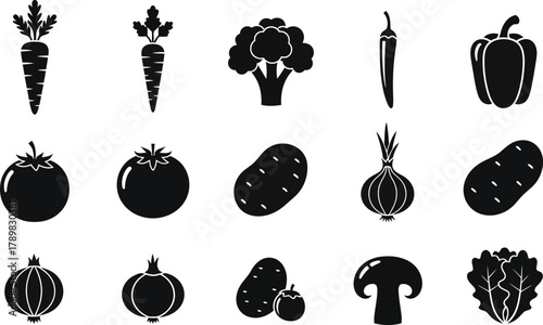 Isolated Vegetable Icons Silhouette Carrot, Broccoli, Pepper, Tomato and Potato