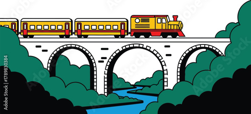 Vintage train travels across bridge surrounded by greenery and river