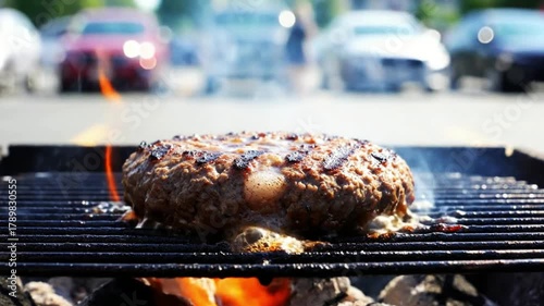 Juicy hamburger patty sizzling on a charcoal grill