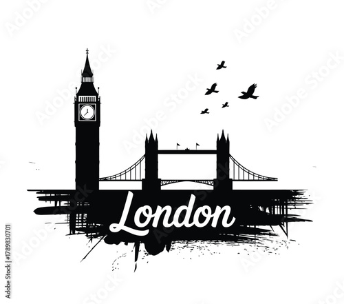 Black silhouette of london skyline with big ben and tower bridge