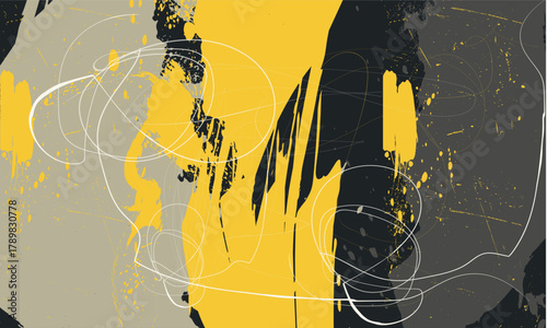 bold scribbles and chipped paint details, bright paint strokes, Colorful painterly splashes yellow, gray, black and white layered with dripping streaks, creating an graffiti inspired grunge, Tees.eps1