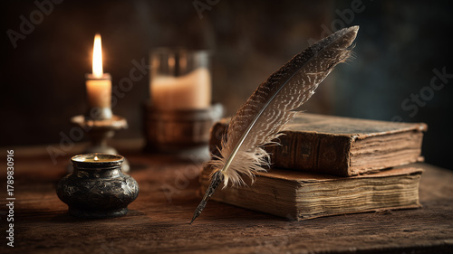 An old quill, candle, and book on an antique wooden table with soft lighting. the scene is rich in texture and detail. Ai generated