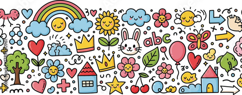 Kids Cartoon Doodle Art with Rainbow, Hearts, Clouds, Sunflowers and Crowns