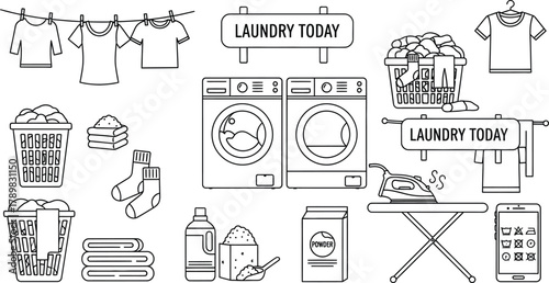 Laundry Day Elements Washing Machine, Clothing Line, Iron, and Detergent Line Art