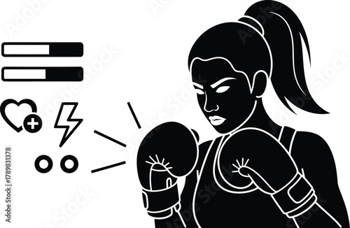 Strong woman boxing ready to fight with health stats for your story