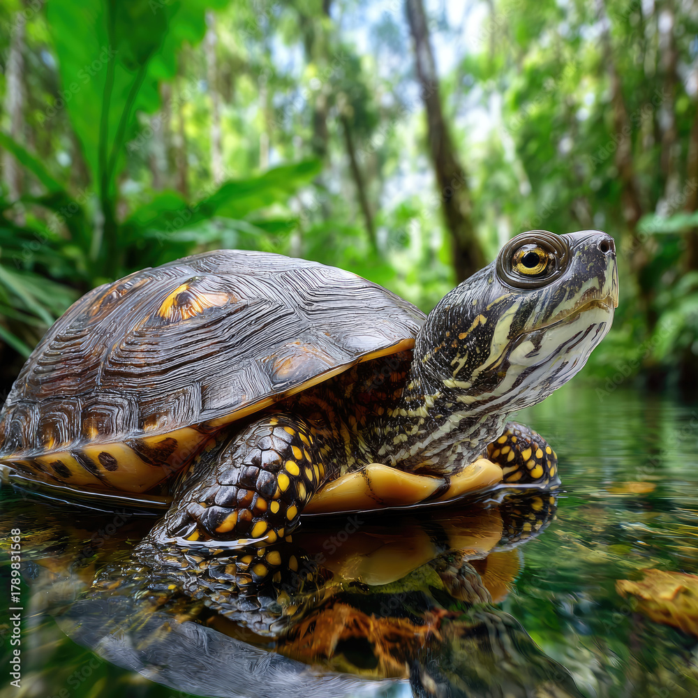 Fototapeta premium close up Turtle resting among tropical plants in a lush natural environment,