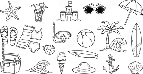 Line Art Beach Vacation Elements Sand Castle, Starfish, Surfboard, Umbrella, & More
