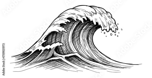 Vintage Engraved Ocean Wave Sketch. Vector Illustration for Nature and Surf Culture Concepts.