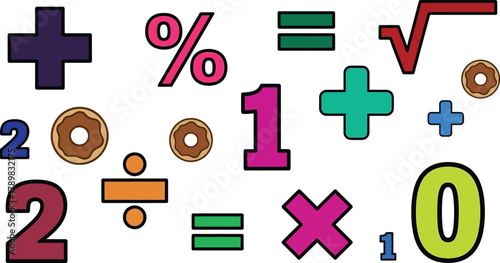 Math symbols and donuts for education or fun learning concepts