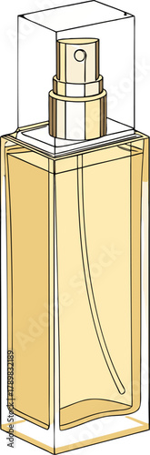 Isometric vector illustration of amber glass body spray bottle mockup, showcasing elegant packaging design and cosmetic product branding.