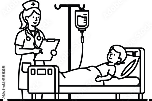 Caring nurse checks patient's progress with IV drip in hospital bed