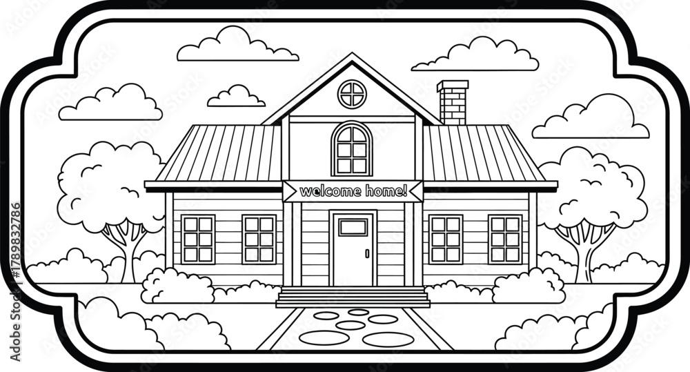Fototapeta premium Cozy home with welcoming sign, a perfect coloring page for kids