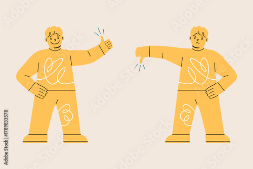 Boy show hand gesture thumb up and thumb down. Colorful vector illustration
