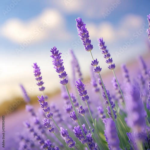 Lavender field in bloom with soft sunlight and blue sky purple flower