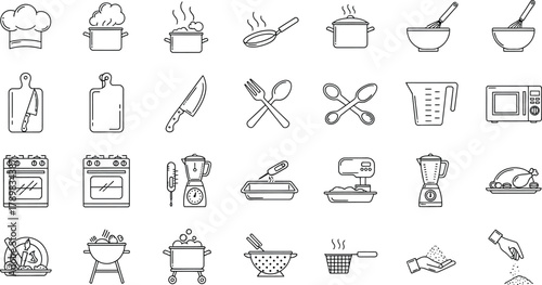Line Art Kitchen Utensils and Cooking Tools, Outlined Food Preparation Elements Set