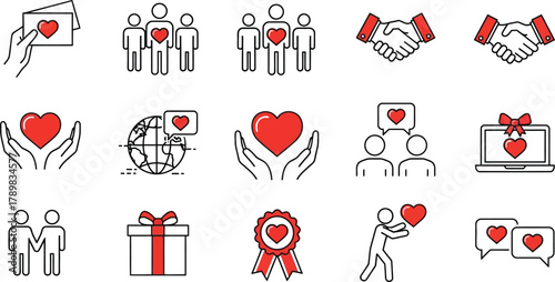 Line art love symbol icons collection with heart, handshake, group, gift on white