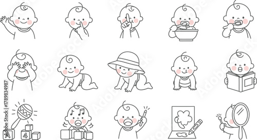 Line art of babies doing various activities, black outline on transparent backdrop