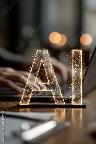 Business people in a meeting room background shows a large letter artificial intelligence hologram and various large icons of networks representing artificial intelligence smart company.