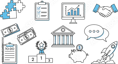 Line Art of Business Icons, Puzzle Pieces, ToDo List, Bank, Graph, Podium, Rocket