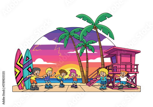 Cartoon Beach Scene with Children Surfboards and Lifeguard Stand.
