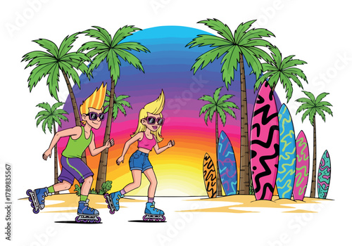 Retro Roller Skating Fun on a Tropical Beach.
