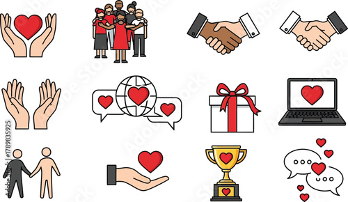 Line Art Icons Set with Heart Shapes, Diverse Hands, Group Embrace, Globe and Trophy