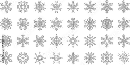 Line Art Snowflakes Collection Set of 30 Decorative Winter Outlines on White
