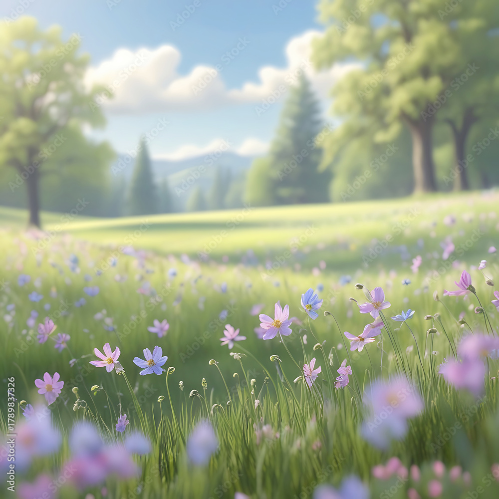 Fototapeta premium Soft Focus Meadow with Purple and Blue Wildflowers and Lush Green Trees purple flowers
