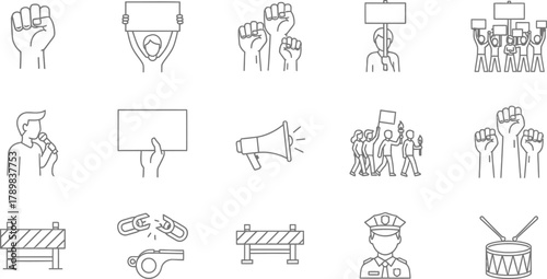 Linear Icon Set Featuring Raised Fists, Protest Signs, Megaphone, and Drum on White