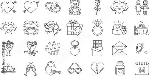 Love Icons Set, Valentines Day Items, Heart, Cupid, Gifts and Romantic Elements Outline