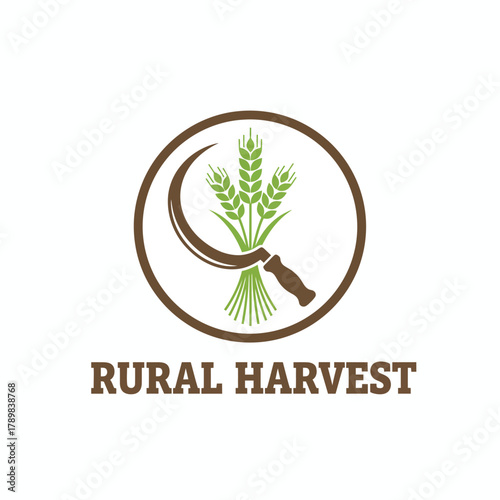 Traditional Rural Harvest Logo: Grain, Sickle, and Agricultural Vector
