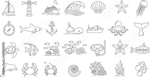 Marine Life Outline Icons Ocean Animals, Boats and Nautical Symbols in Gray Color